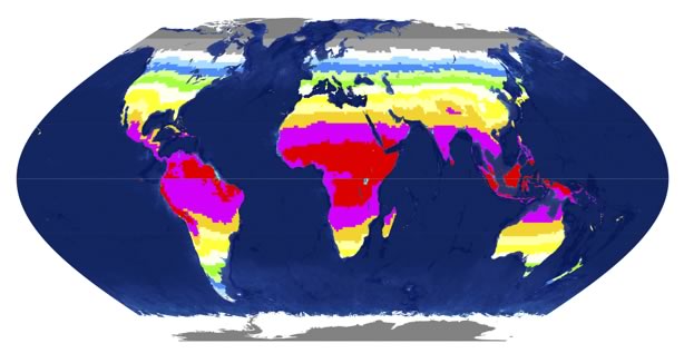 Distribution map ov UV-B radiation across the globe.
